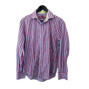 Robert Graham Blue Red Stripe Contrasting Cuffs Button Down Dress Shirt